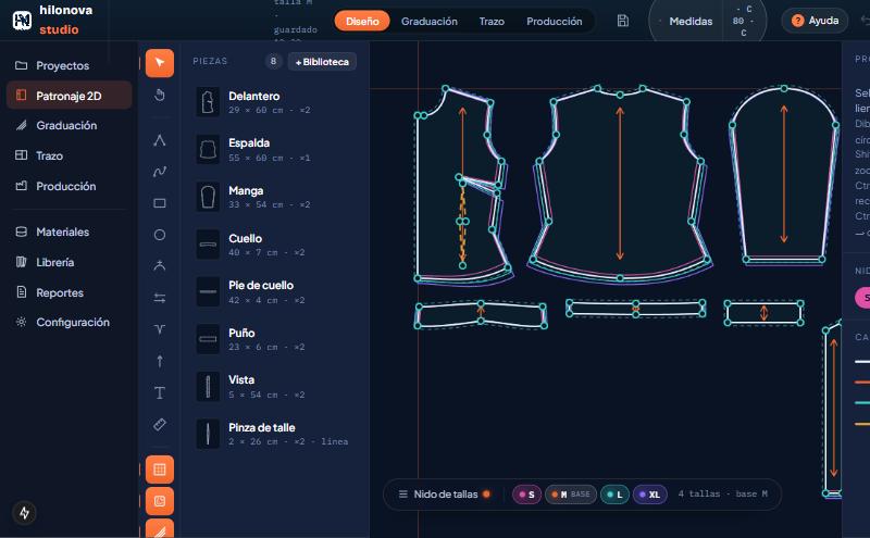 Editor de patronaje 2D con el nido de tallas S, M, L y XL sobre una blusa clásica